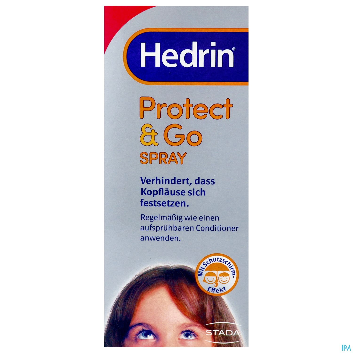Produktverpackung von Hedrin Protect & Go Spray, die die Verwendung eines Sprays zur Verhinderung von Kopflausbefall beschreibt.