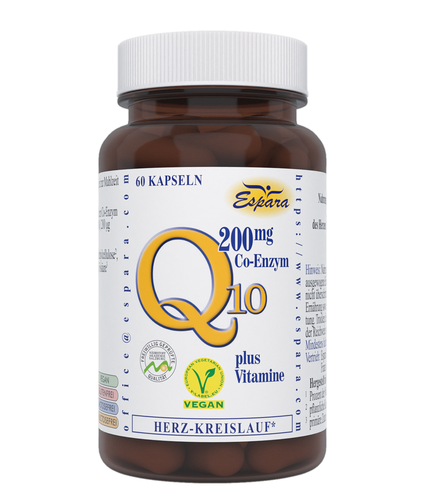 Brauner Kapselbehälter mit gelbem Etikett, auf dem "Q10 200 mg Co-Enzym plus Vitamine" steht, sowie dem Hinweis "vegan" und "Herz-Kreislauf".