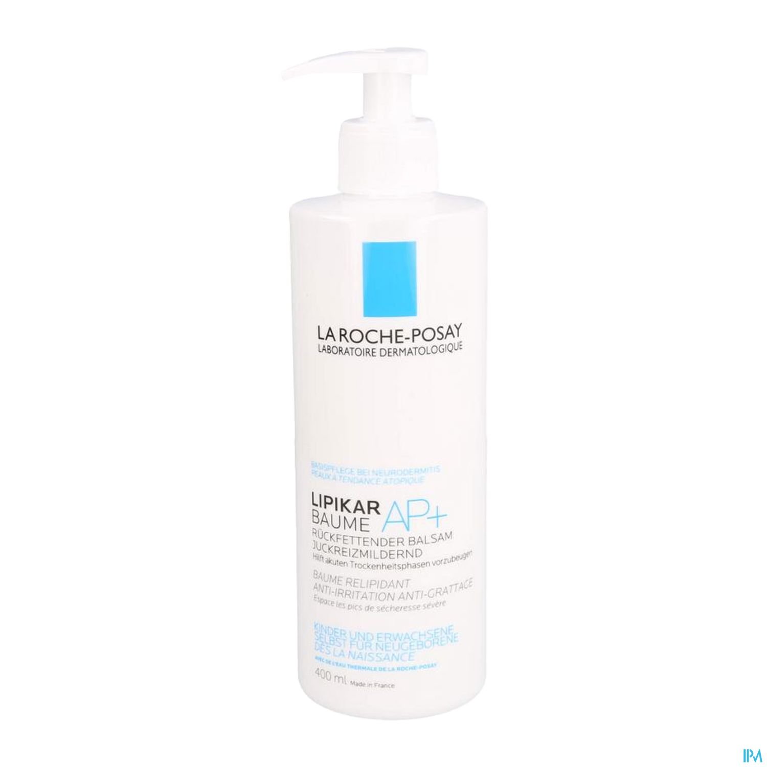 Flasche mit La Roche-Posay Lipikar AP+ Balsam, 400 ml, für empfindliche und irritierte Haut.