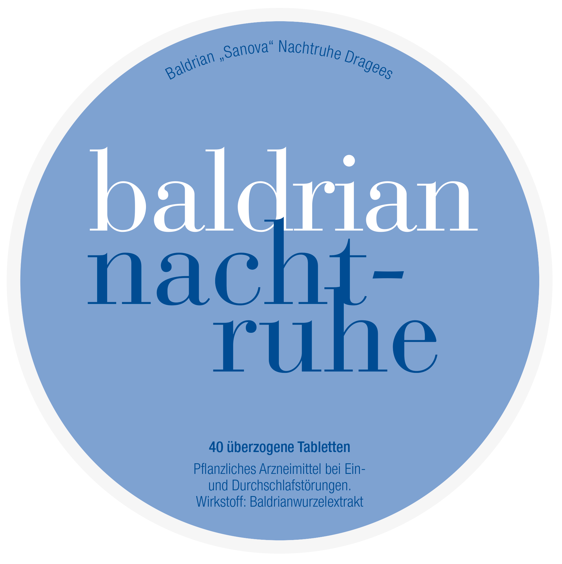 Etikett der Baldrian "Sanova" Nachtruhe Dragées, blau mit weißem Text, enthält Informationen über die Anzahl der Tabletten und den Wirkstoff.