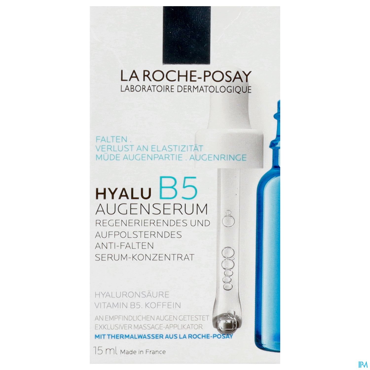 Produktverpackung von La Roche-Posay Hyalu B5 Augenserum mit Beschreibung und Anwendungshinweisen.