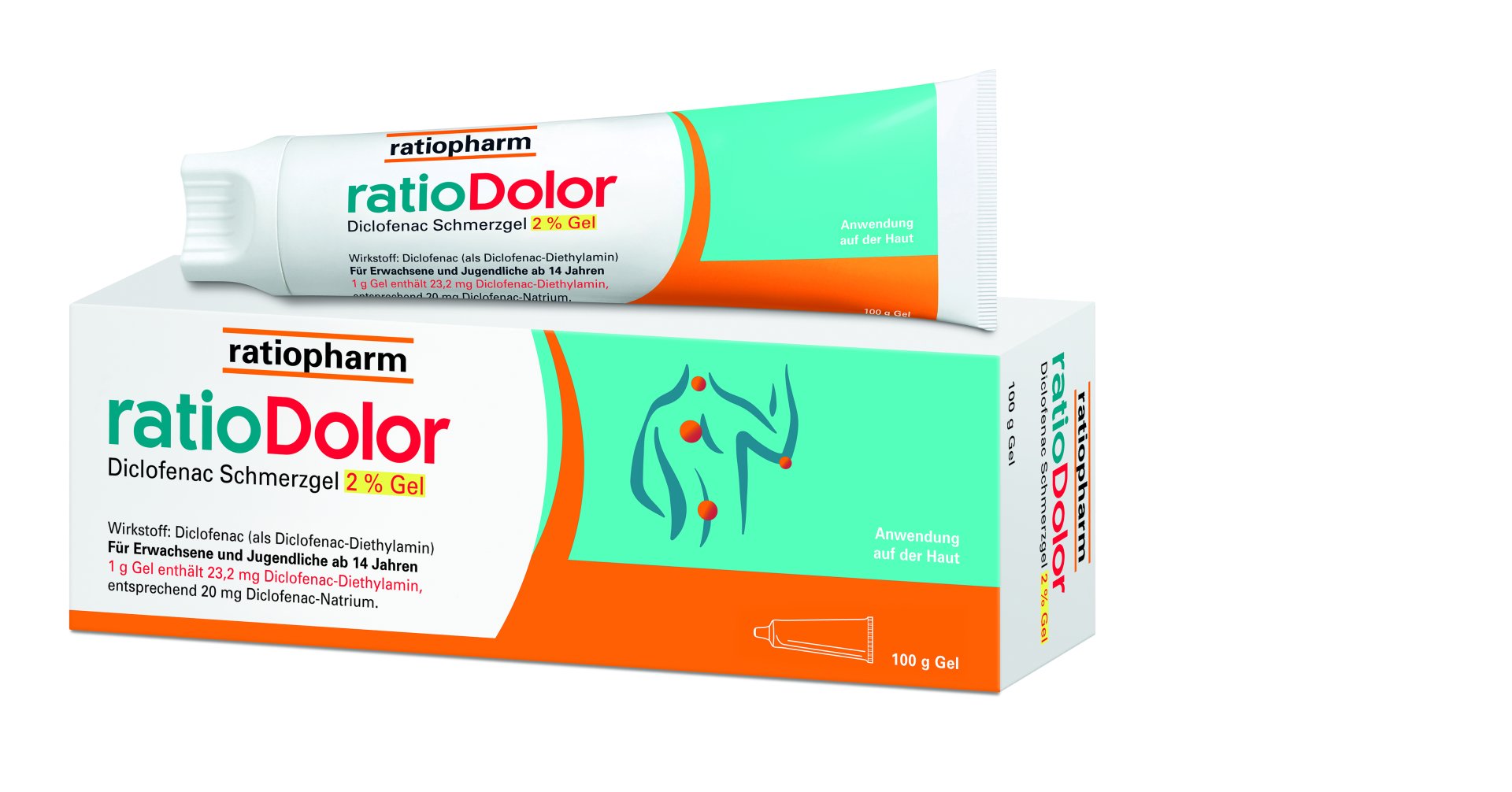 Tube und Verpackung des Schmerzgels "ratioDolor" mit Wirkstoff Diclofenac, zur Linderung von Schmerzen.