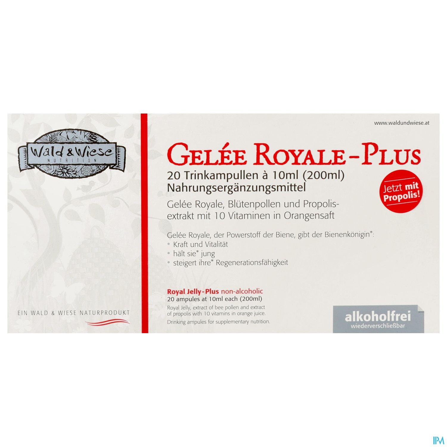 Packung mit Gelée Royale-Plus, einem Nahrungsergänzungsmittel, mit Beschreibung und Inhaltsstoffen auf rotem Hintergrund.