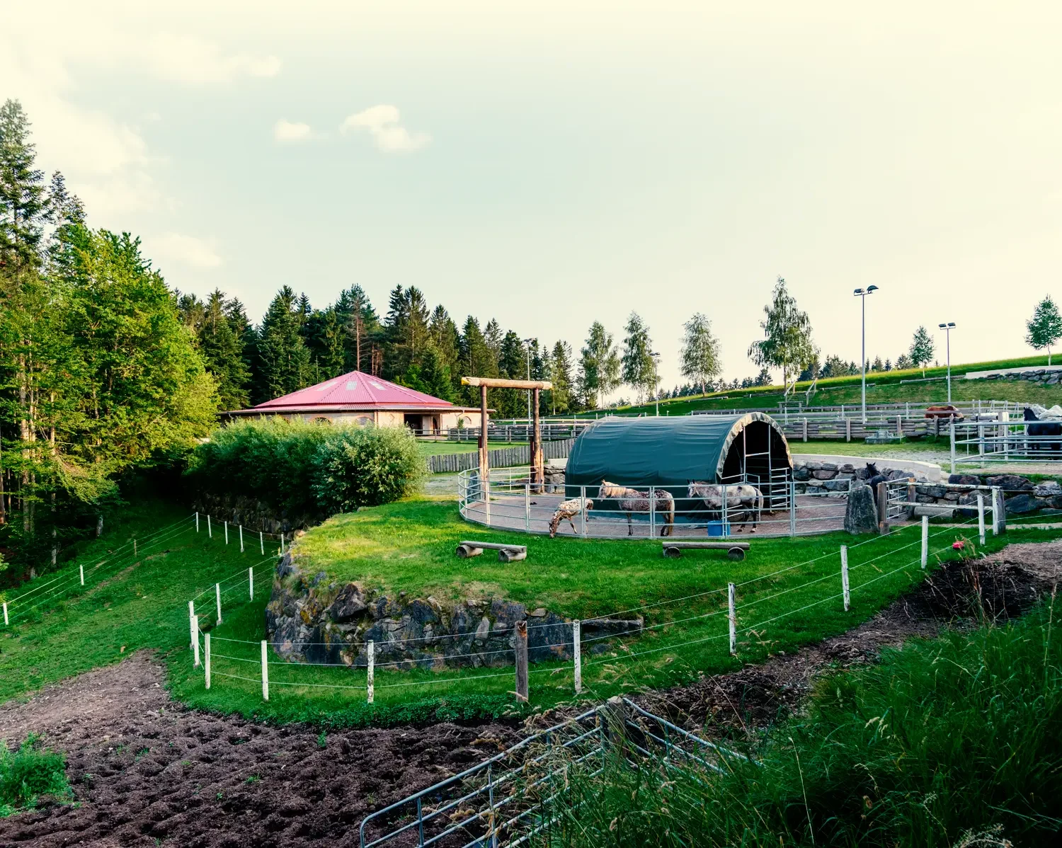 Eine malerische Landschaft mit einem modernen Stall und einem Spielplatz für Tiere, umgeben von üppigem Grün. Im Hintergrund sieht man einen gemütlichen Pavillon mit rotem Dach, der von Bäumen umgeben ist. Diese Idylle bietet optimale Bedingungen für das Wohlbefinden von Tieren und ist ideal für entspannte Auszeiten in der Natur.