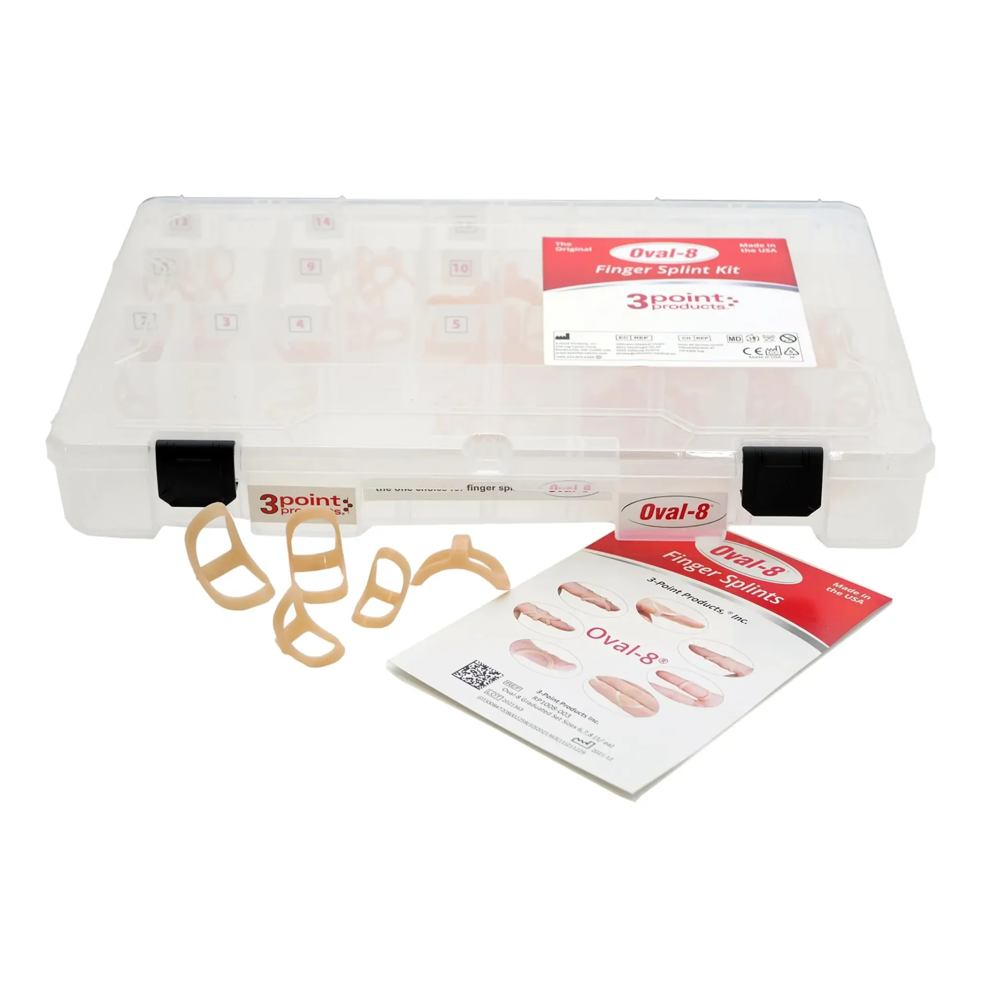 Oval-8 Fingerentzündungsset in einer transparenten Aufbewahrungsbox mit einer Anleitung. Enthält verschiedene Fingerorthesen zur Unterstützung bei Fingerverletzungen.