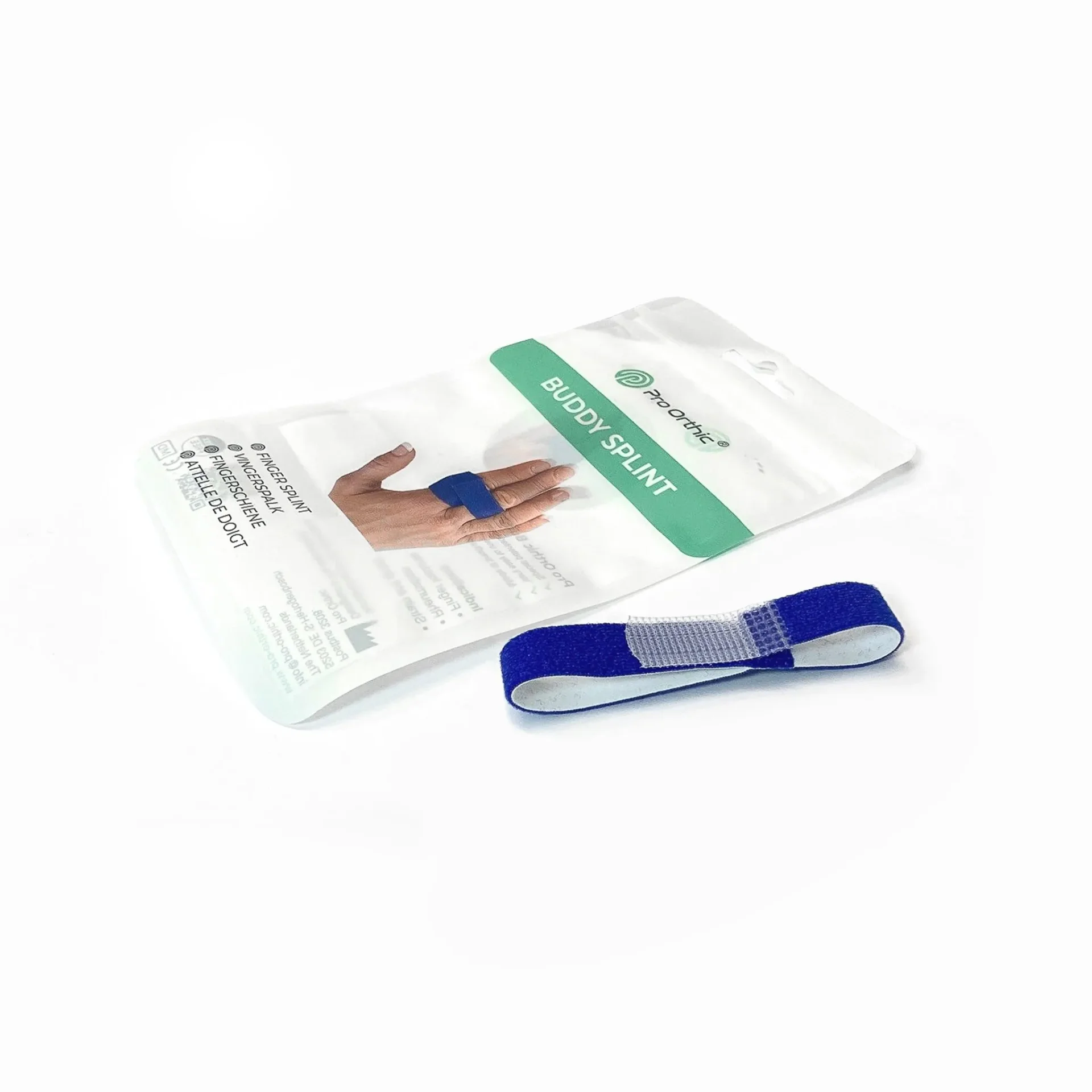 Blaues Fingersplint mit Verpackung, geeignet zur Stabilisierung verletzter Finger, auf weißem Hintergrund.