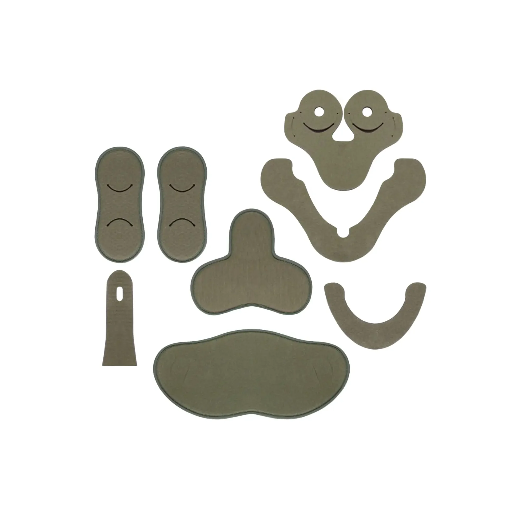 Eine Sammlung von verschiedenen Silikon-Innensohlen in Olivgrün, die zur Anpassung von Schuhen verwendet werden. Die Teile umfassen verschiedene Formen und Größen, die für zusätzlichen Komfort und Unterstützung sorgen.