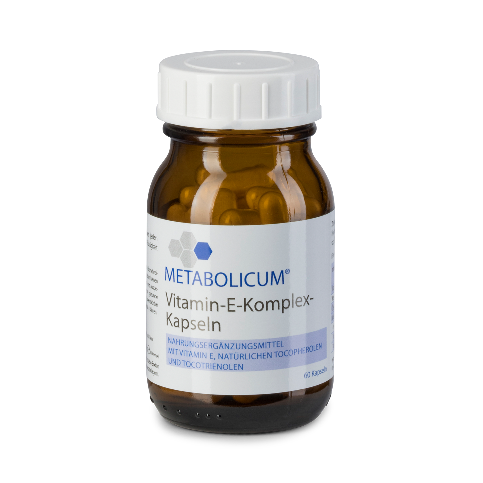 Braune Glasflasche mit einem weißen Deckel, die Vitamin E-Komplex-Kapseln enthält. Die Flasche hat ein Etikett mit dem Namen 'METABOLICUM' und Informationen zu den Inhaltsstoffen und der Dosierung. Sie enthält 60 Kapseln und ist als Nahrungsergänzungsmittel gekennzeichnet.