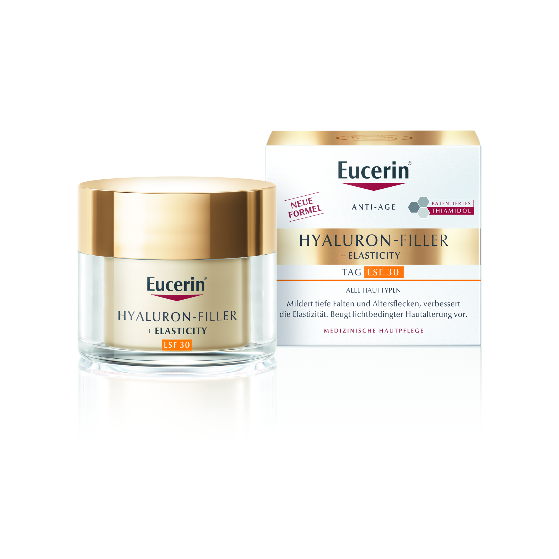 Eucerin Hyaluron-Filler + Elasticity Creme und Verpackung, Tagescreme mit Lichtschutzfaktor 30, medizinische Hautpflege.