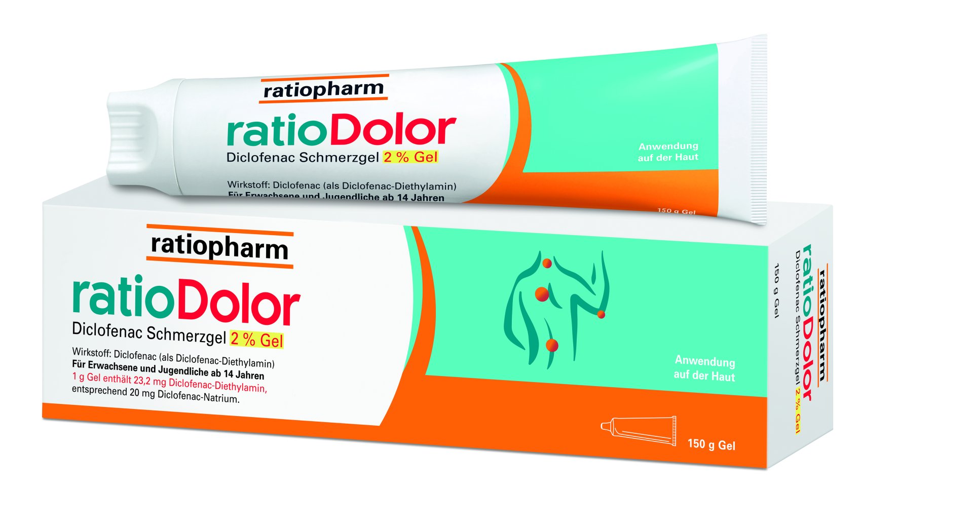 Verpackung von ratioDolor Diclofenac Schmerzgel 2 % in Tube und Karton, Hinweis auf Anwendung und Inhalt.