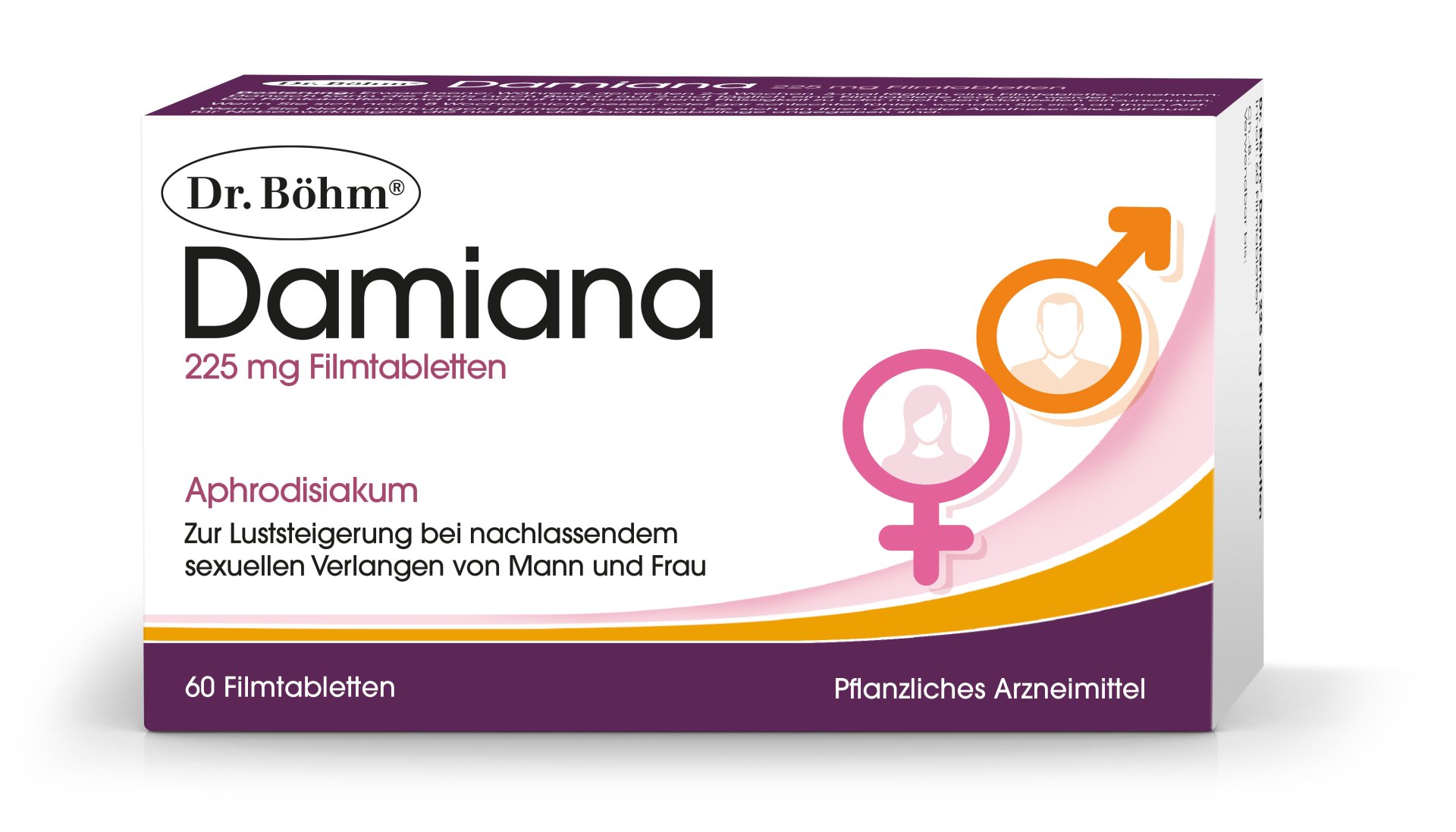 Verpackung von Dr. Böhm Damiana, 225 mg Filmtabletten, mit der Aufschrift "Aphrodisiakum" und grafischen Symbolen für männliche und weibliche Geschlechter, Inhalt: 60 Filmtabletten.