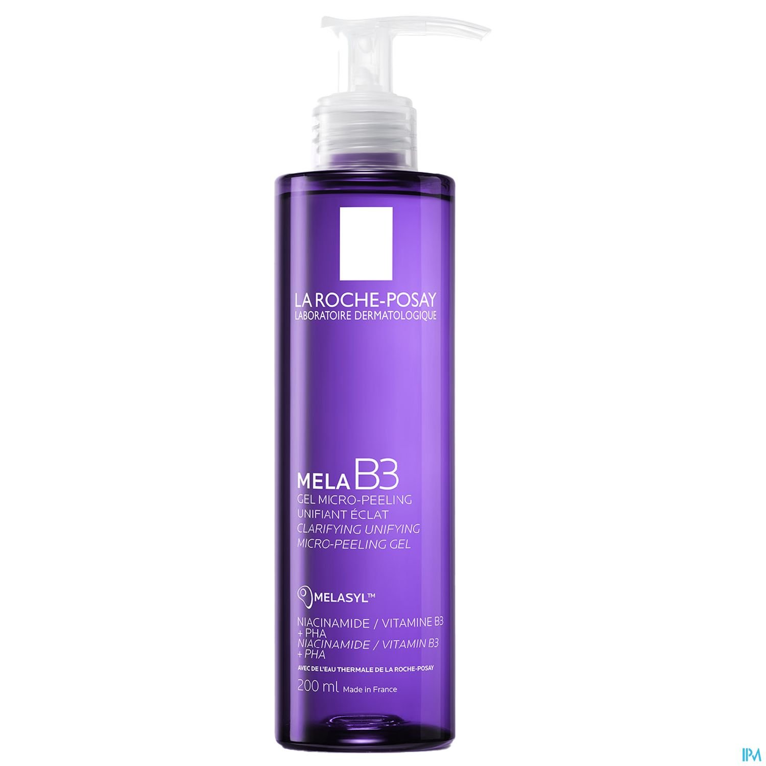 Lila Flasche mit Pumpe für ein Mikro-Peeling-Gel von La Roche-Posay, Inhalt 200 ml.