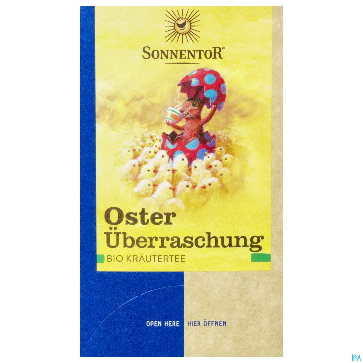 Verpackung des Bio-Kräutertees "Oster Überraschung" von Sonnentor, mit buntem Hasen und Küken auf gelbem Hintergrund.