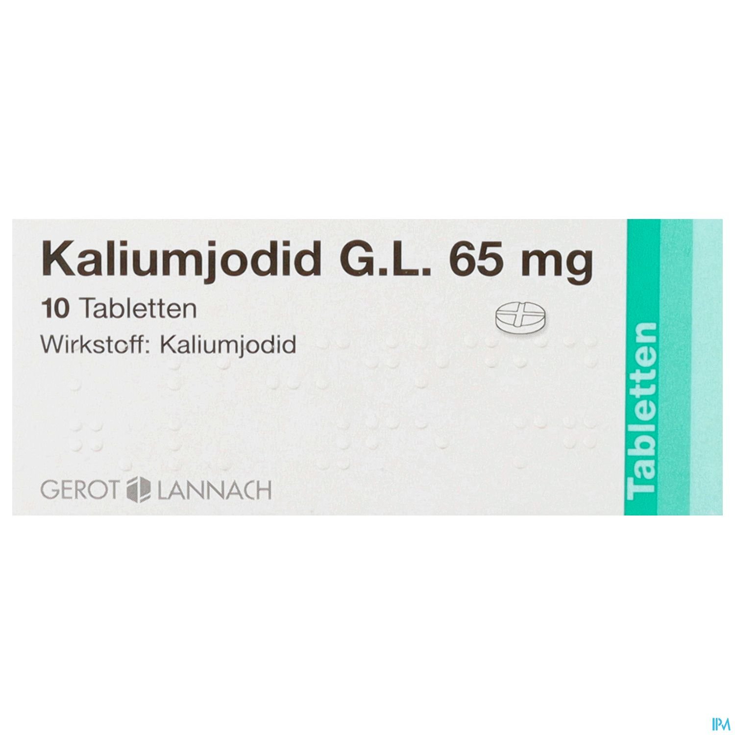 Packungsdisplay für Kaliumjodid G.L. 65 mg, enthält 10 Tabletten, Hersteller Gerot Lannach.