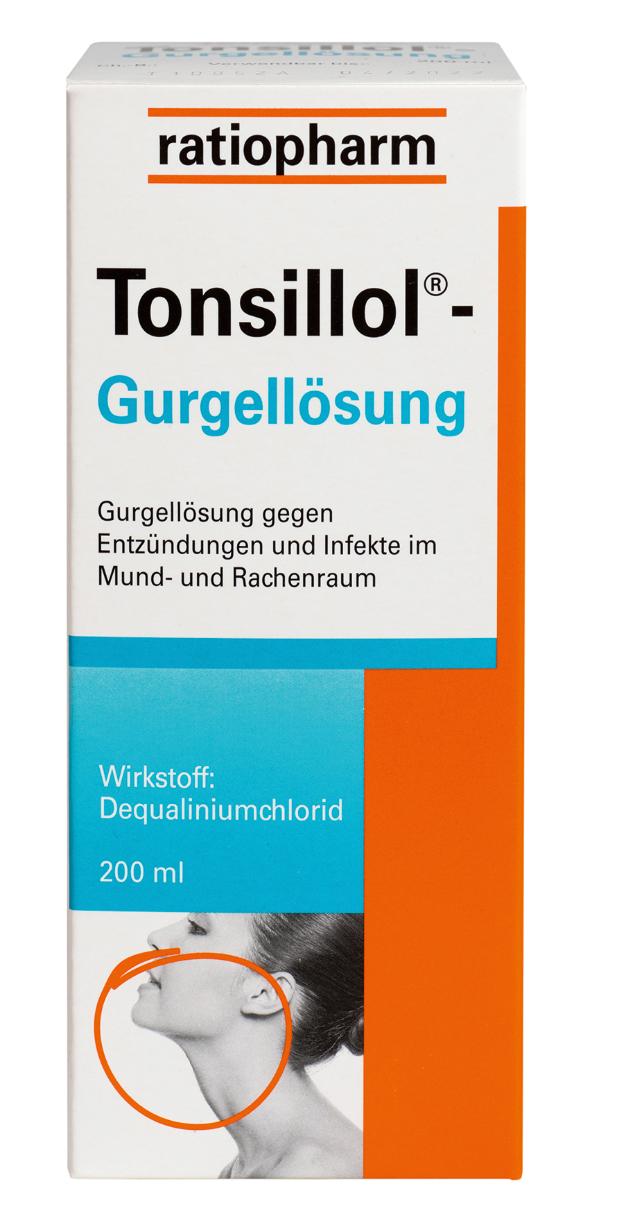 Verpackung der Tonsillol®-Gurgellösung von ratiopharm mit Angaben zur Anwendung und Wirkstoff.