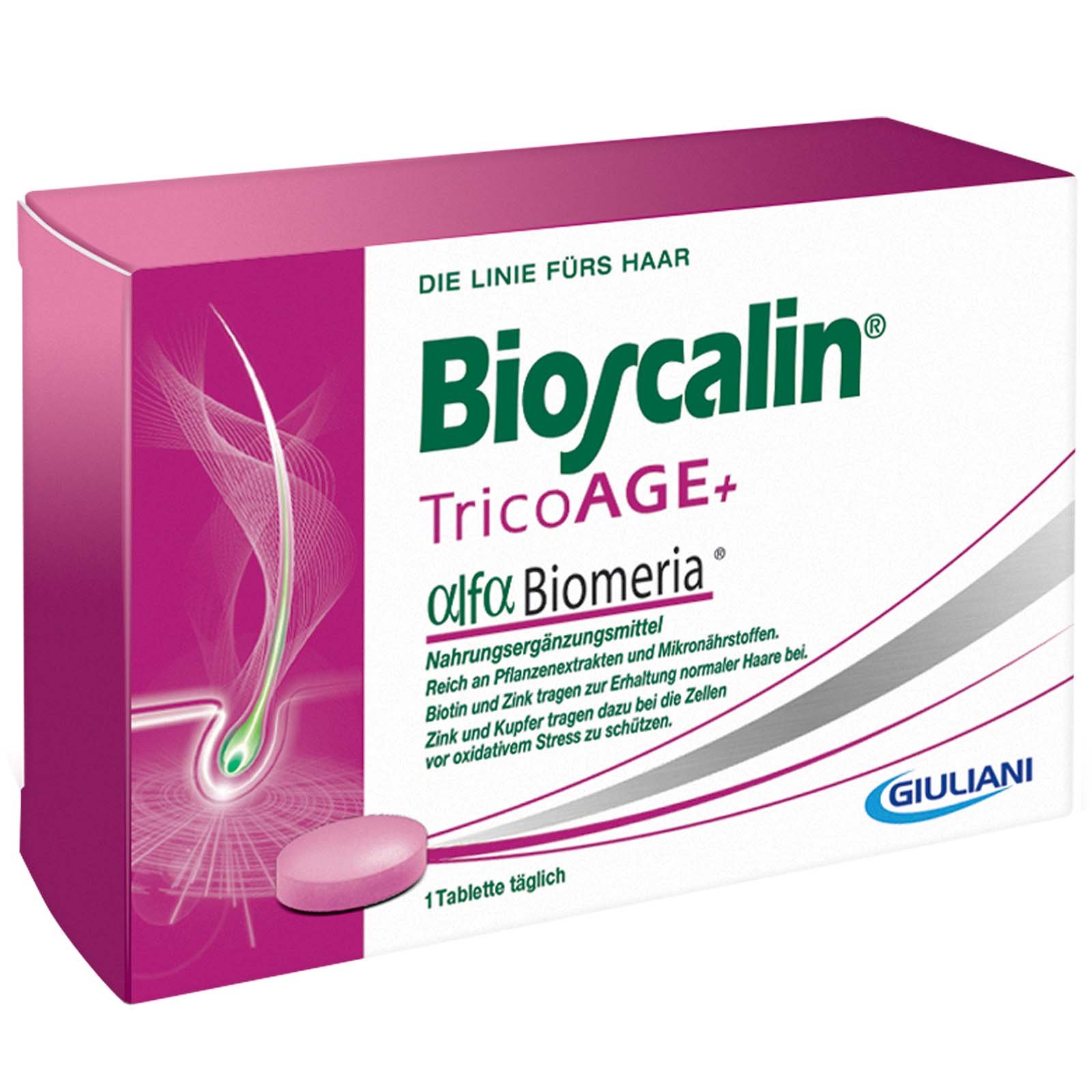 Packung von Bioscalin TricoAGE+ mit einer Tablette zur Haarernährung.