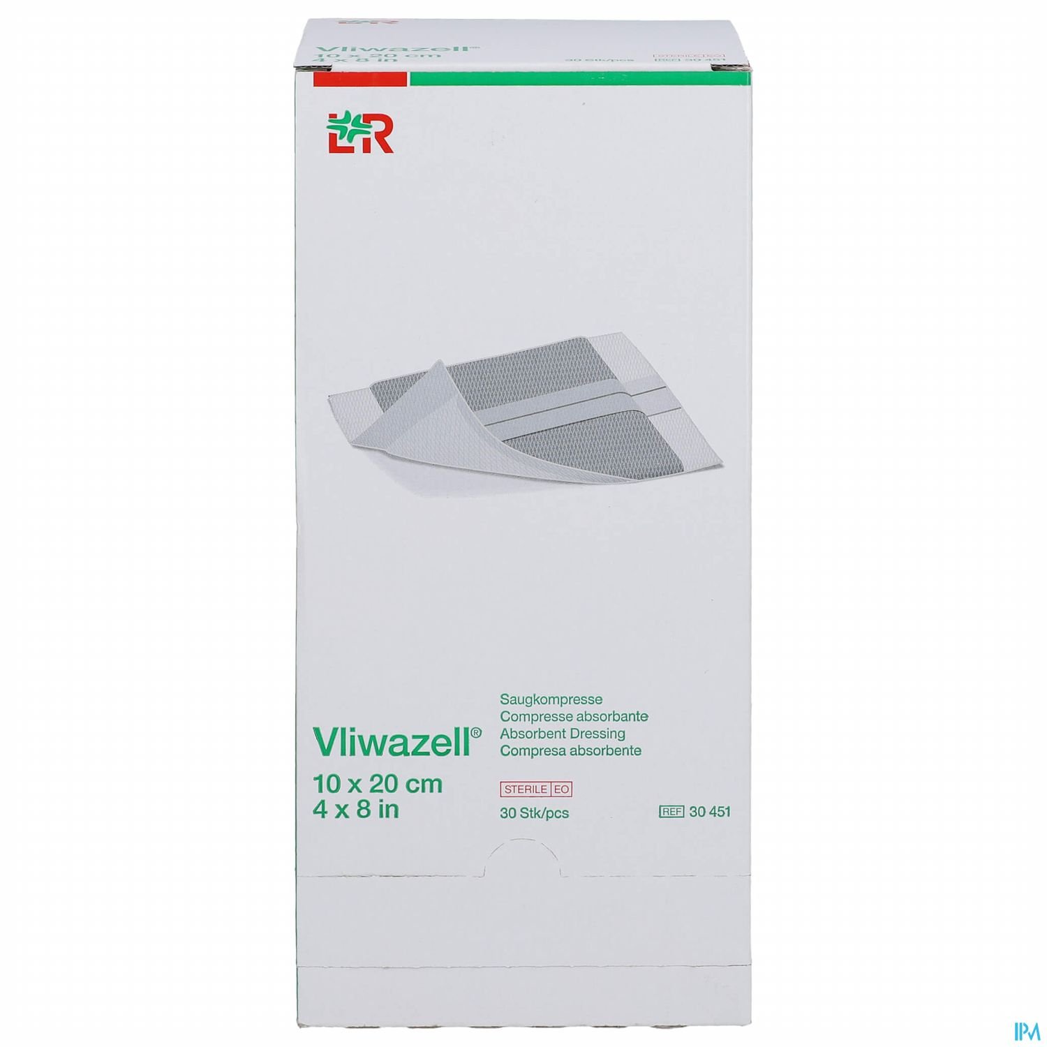 Packung mit Vliwazell Sauggaze, Maße 10 x 20 cm, 40 Stück.