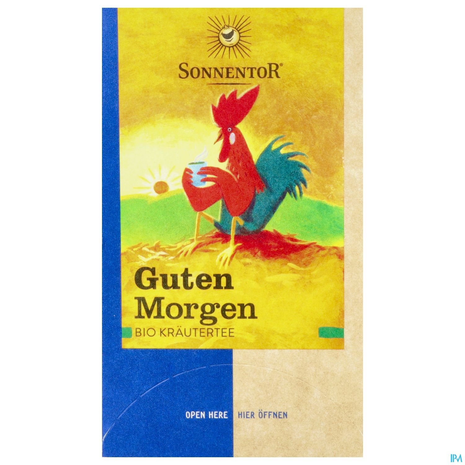 Verpackung des BIO Kräutertees "Guten Morgen" von Sonnentor mit einem bunten Hahn-Illustration und einer Sonne im Hintergrund.