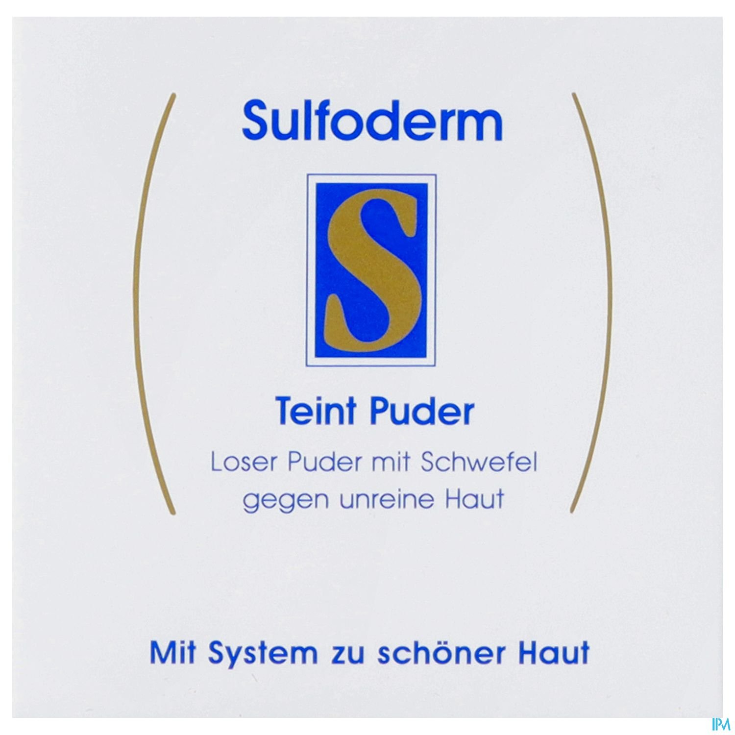Verpackung von Sulfoderm Teint Puder mit der Aufschrift „Teint Puder“ und der Beschreibung „Loser Puder mit Schwefel gegen unreine Haut“.