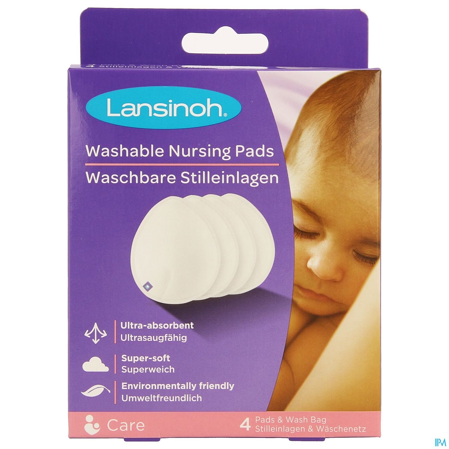 Verpackung von waschbaren Still-Einlagen der Marke Lansinoh mit Informationen über ihre Eigenschaften.