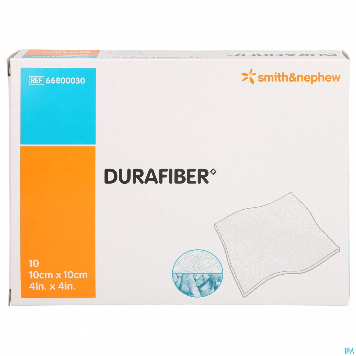 Packung mit "DURAFIBER" Wundauflagen, 10 Stück, 10 cm x 10 cm, mit Markenlogo von Smith & Nephew.