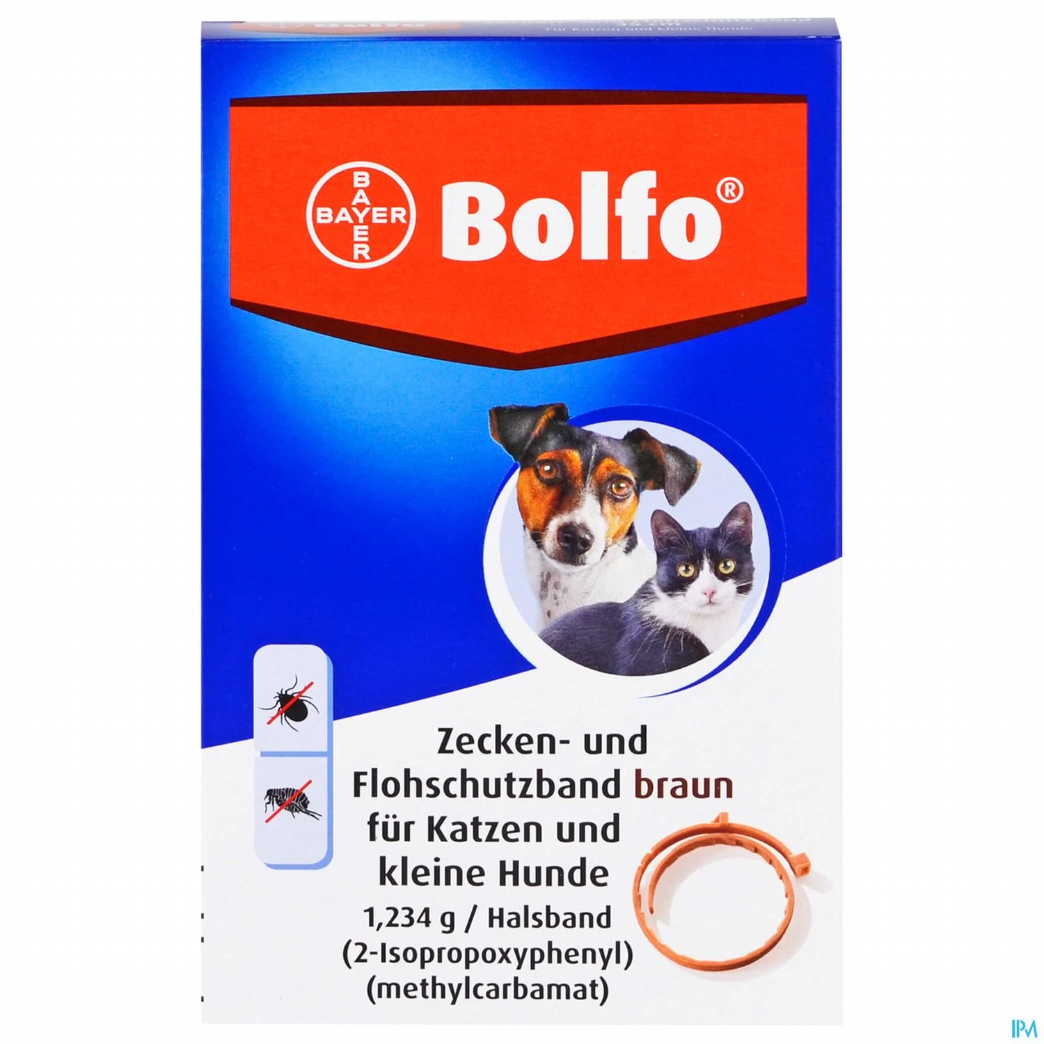 Produktverpackung von Bolfо Zecken- und Flohschutzband für Katzen und kleine Hunde in blau-weißer Gestaltung.