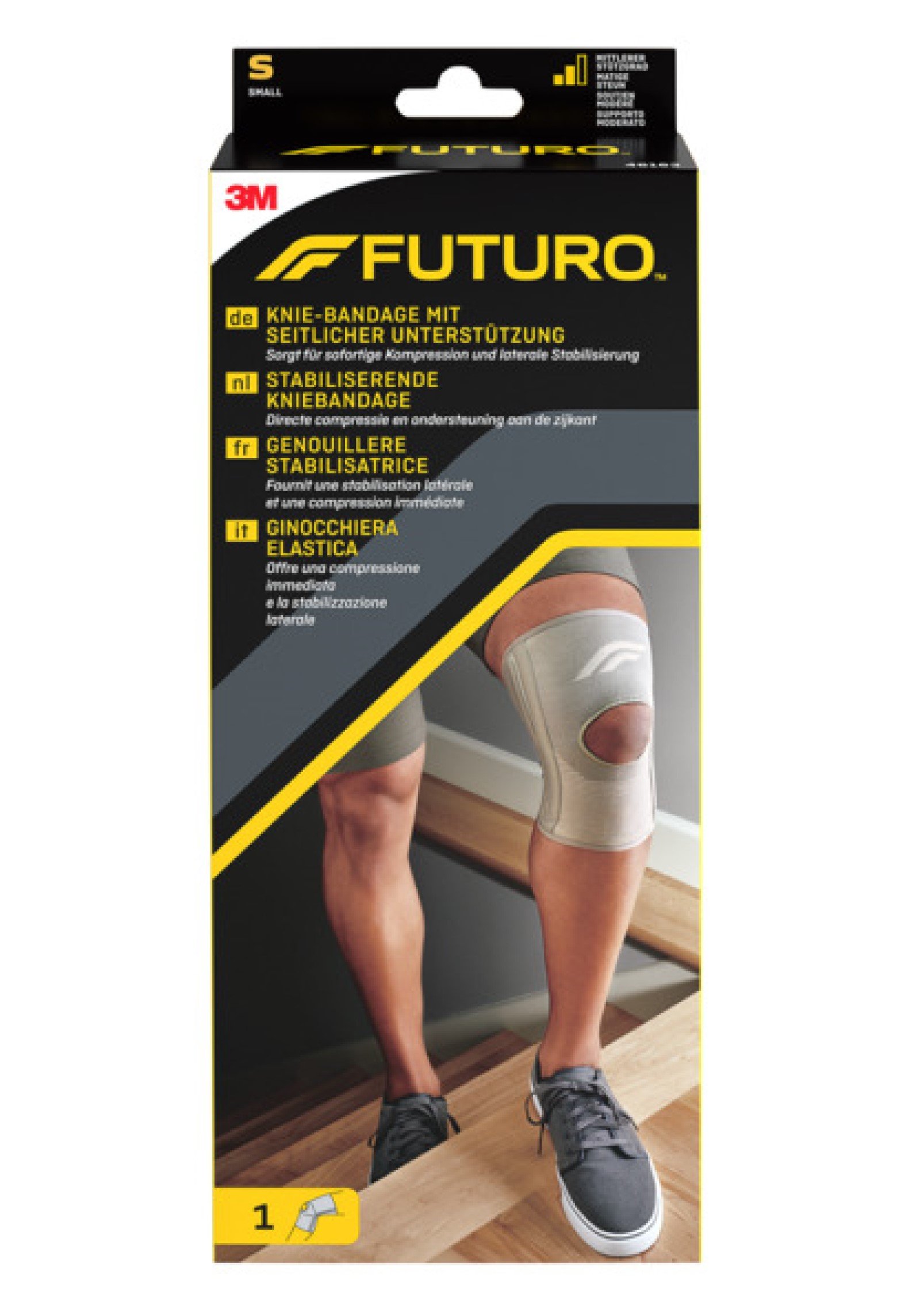 Verpackung der FUTURO Knie-Bandage mit seitlicher Unterstützung, präsentiert auf einem hellen Hintergrund.