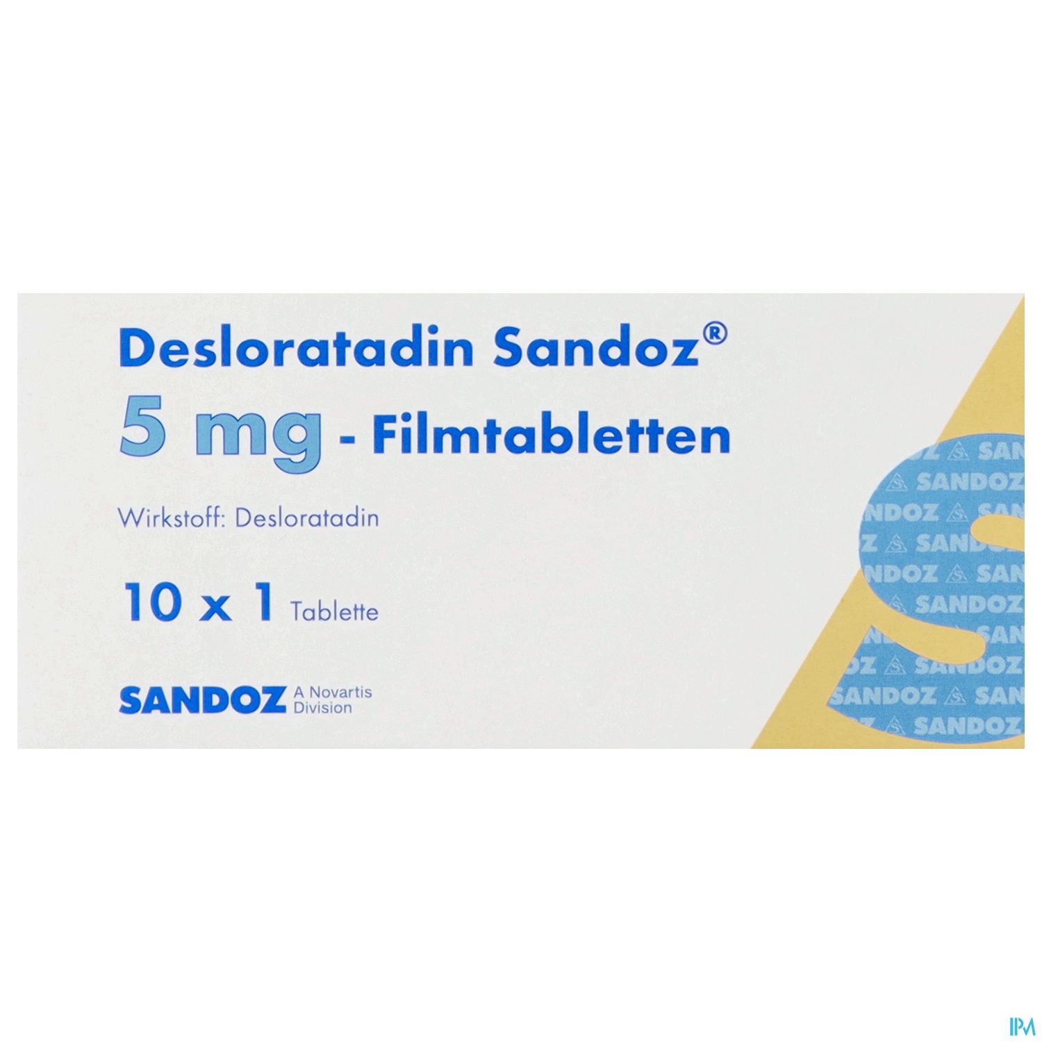 Packung mit Desloratadin Sandoz 5 mg Filmtabletten, 10 Tabletten.