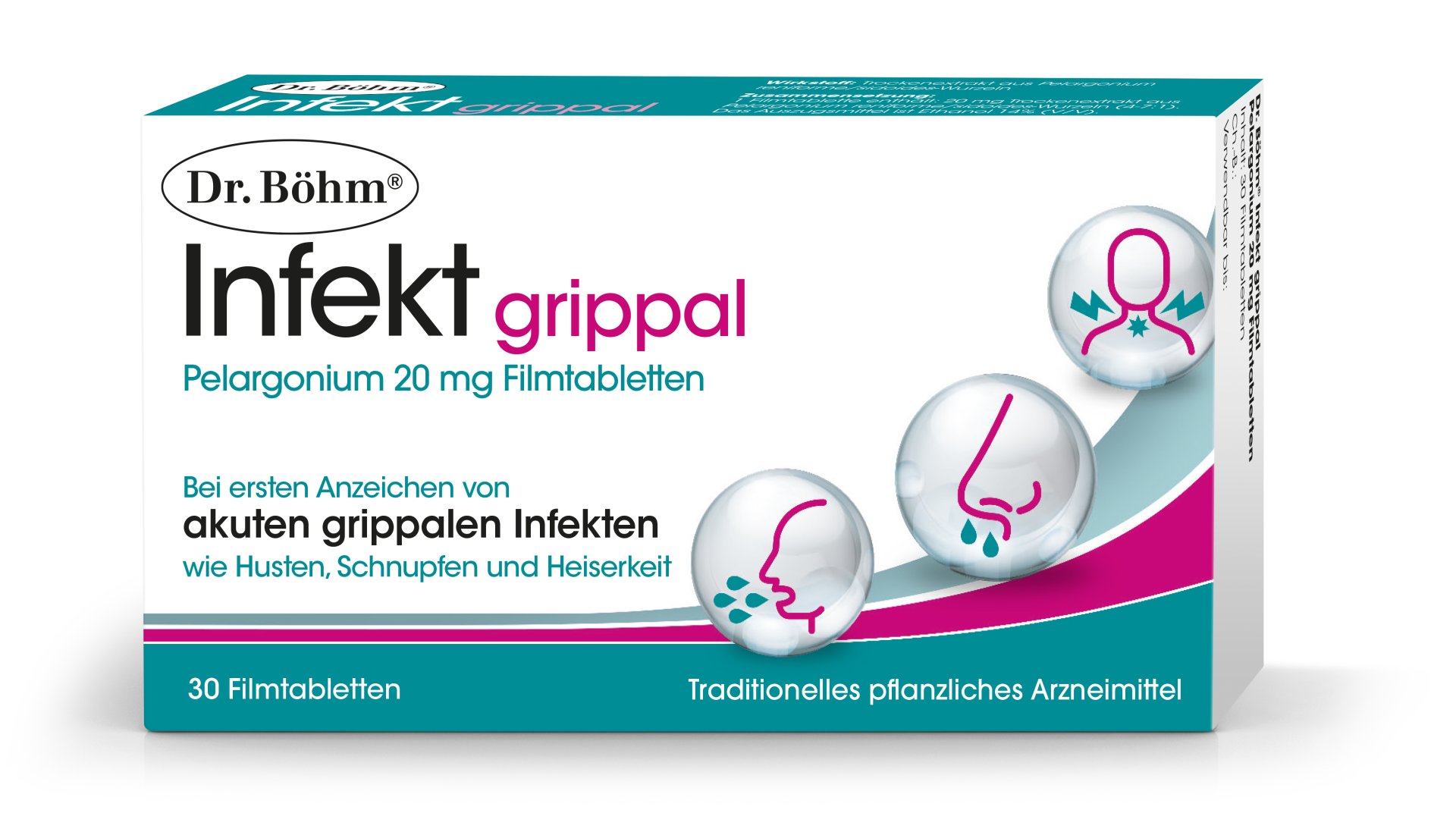 Produktverpackung von Dr. Böhm Infekt grippal – Pelargonium 20 mg Filmtabletten, 30 Stück, mit Hinweis auf Anwendung bei Erkältungszeichen.