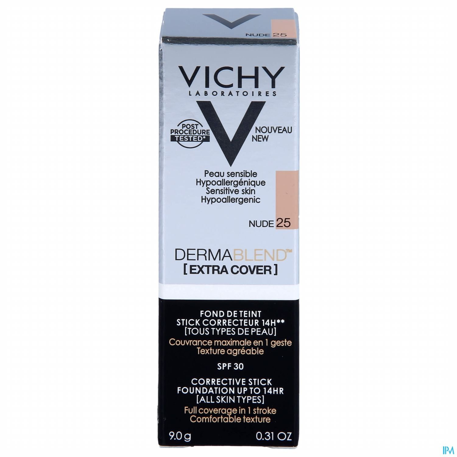 Verpackung eines Vichy Dermablend Extra Cover Corrector Sticks in der Farbe Nude 25, mit Informationen zu Hautsensibilität und Lichtschutzfaktor 30.