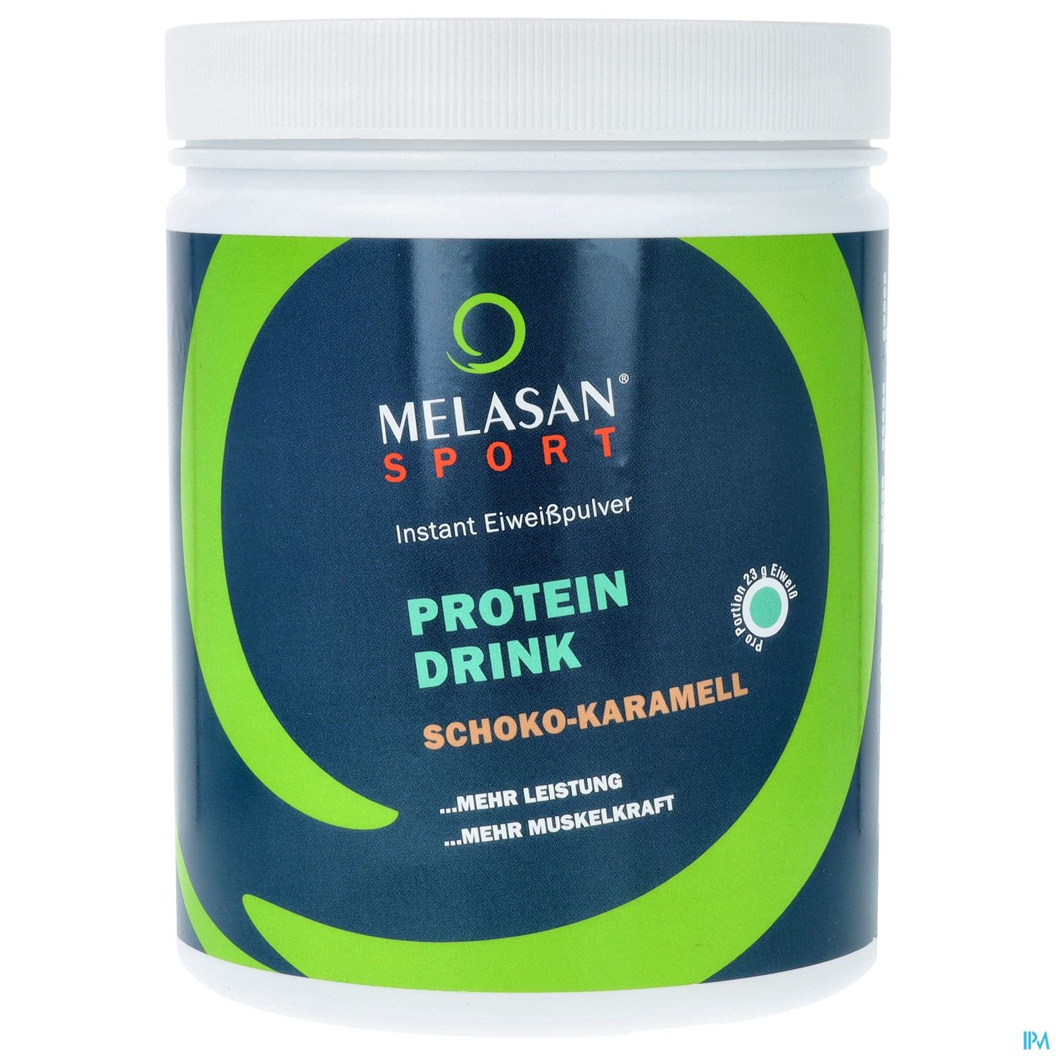 Weißer Behälter mit grünem und orangefarbenem Logo, beschriftet mit „MELASAN SPORT PROTEIN DRINK SCHOKO-KARAMELL“.