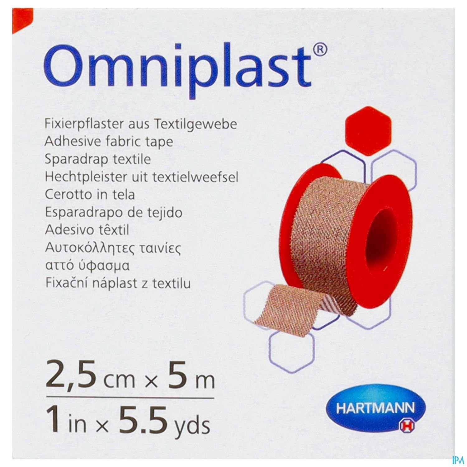 Packaging eines Textilklebebandes namens Omniplast mit Größenangaben und mehrsprachigem Text.