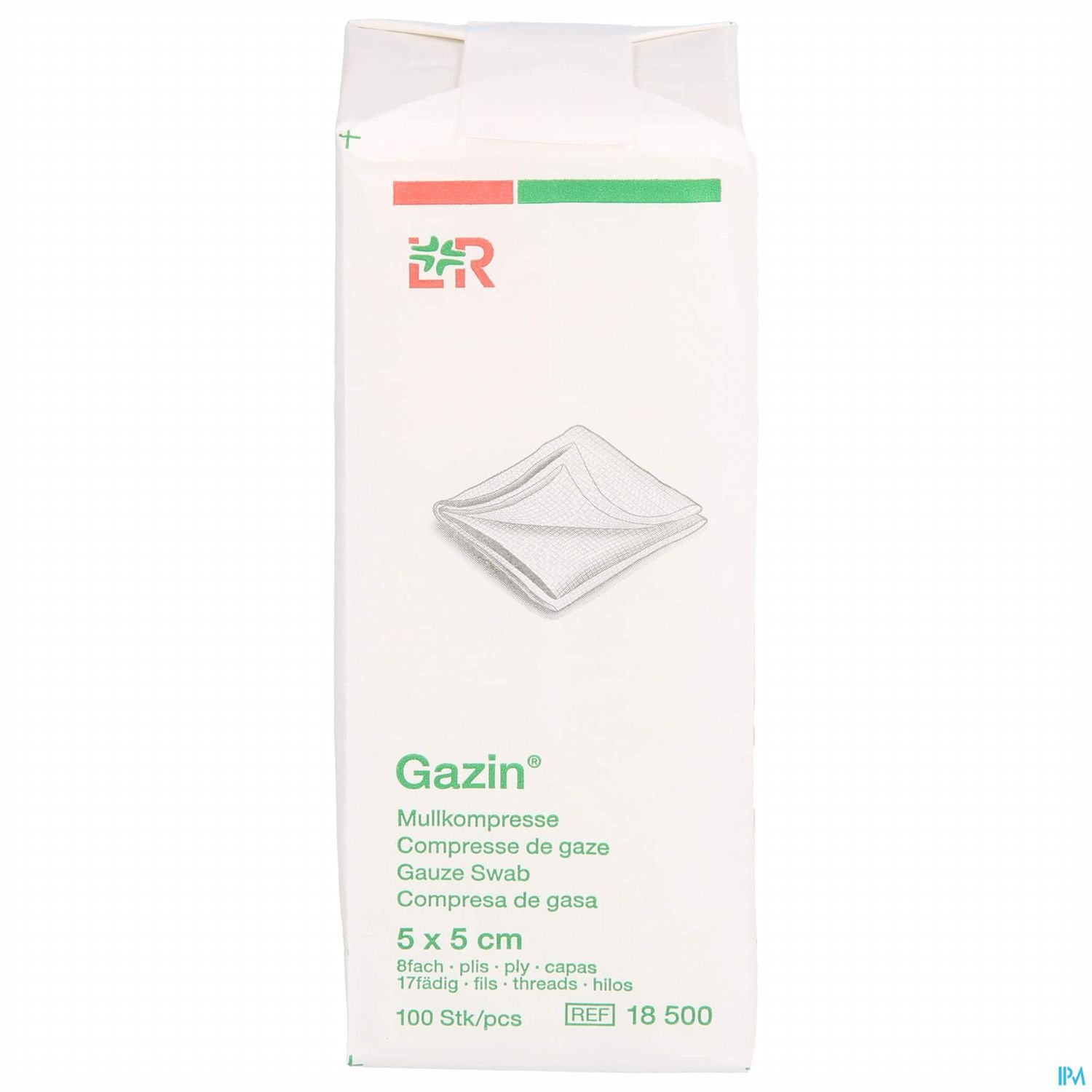 Verpackung einer Mullkompresse, Größe 5 x 5 cm, mit Produktbezeichnung und Inhaltsangabe.