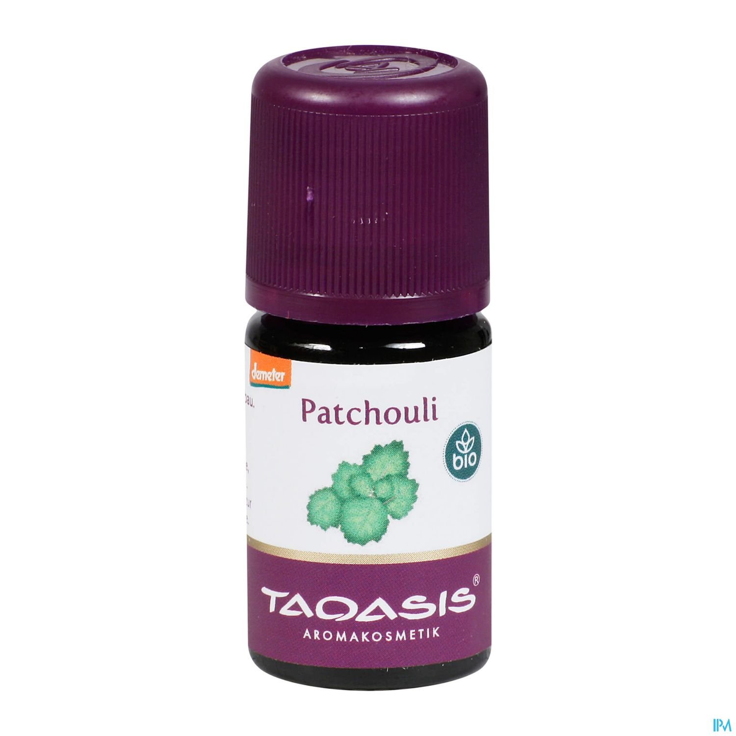 Flasche mit ätherischem Patchouli-Öl von Taqasis, bio-zertifiziert.