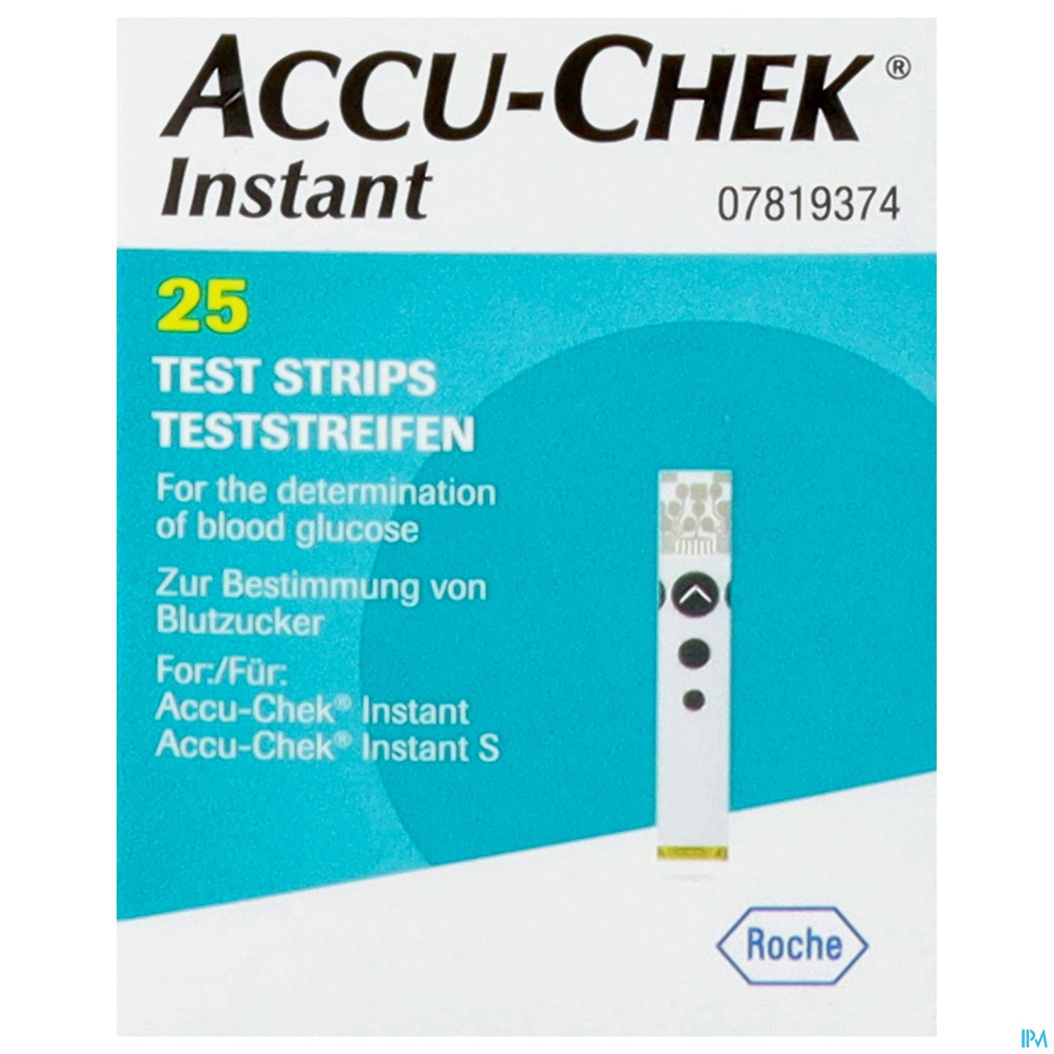 Verpackung von Accu-Chek Instant Blutzuckerteststreifen mit 25 Stück.