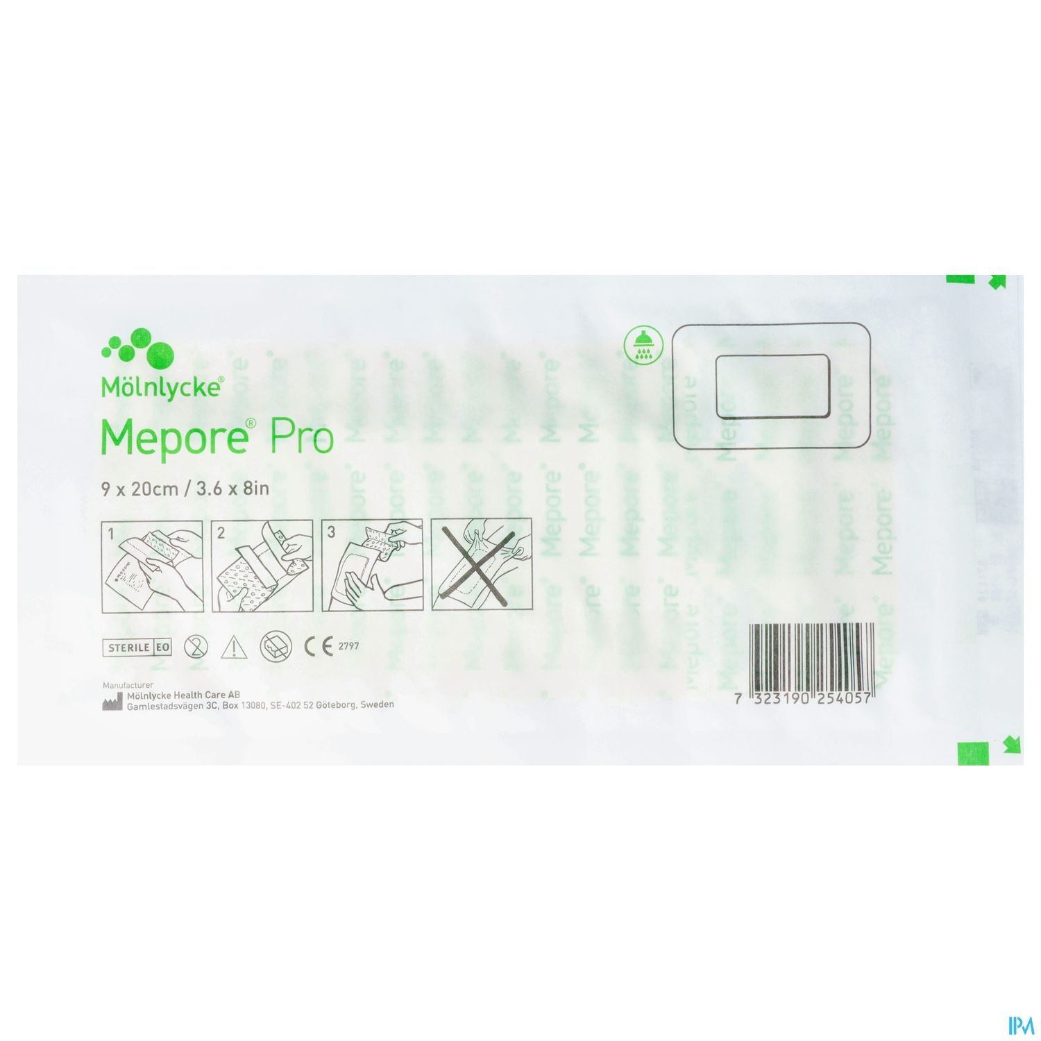Verpackung des Mepore Pro Wundverbands, Größe 9 x 20 cm, mit Anwendungsanleitungen und Sterilisationssymbol.