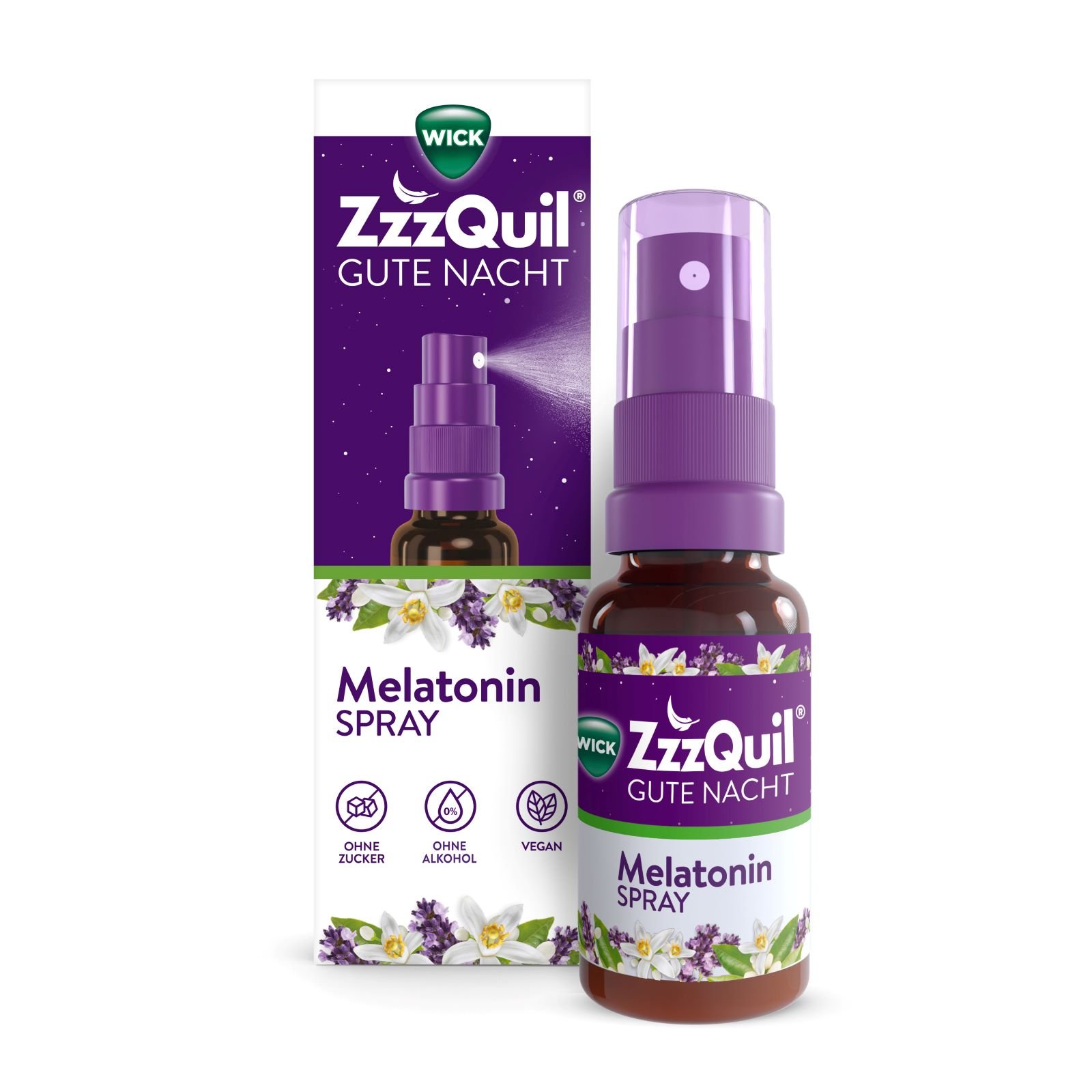 Flasche und Verpackung des ZzzQuil Gute Nacht Melatonin Sprays.