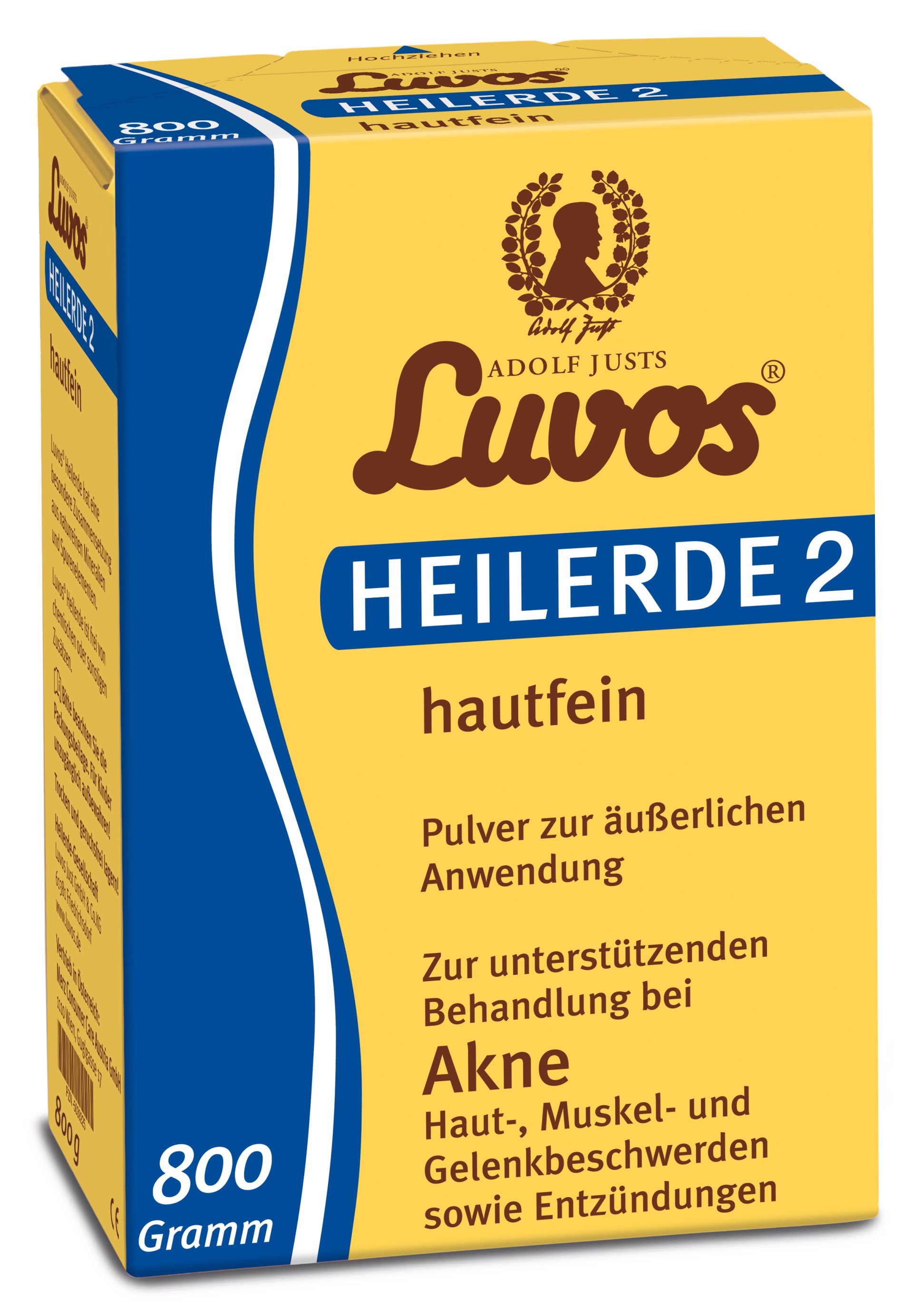 Packung mit Luvos Heilerde 2, hautfeines Pulver zur äußerlichen Anwendung, zur unterstützenden Behandlung bei Akne, Haut-, Muskel- und Gelenkbeschwerden sowie Entzündungen.