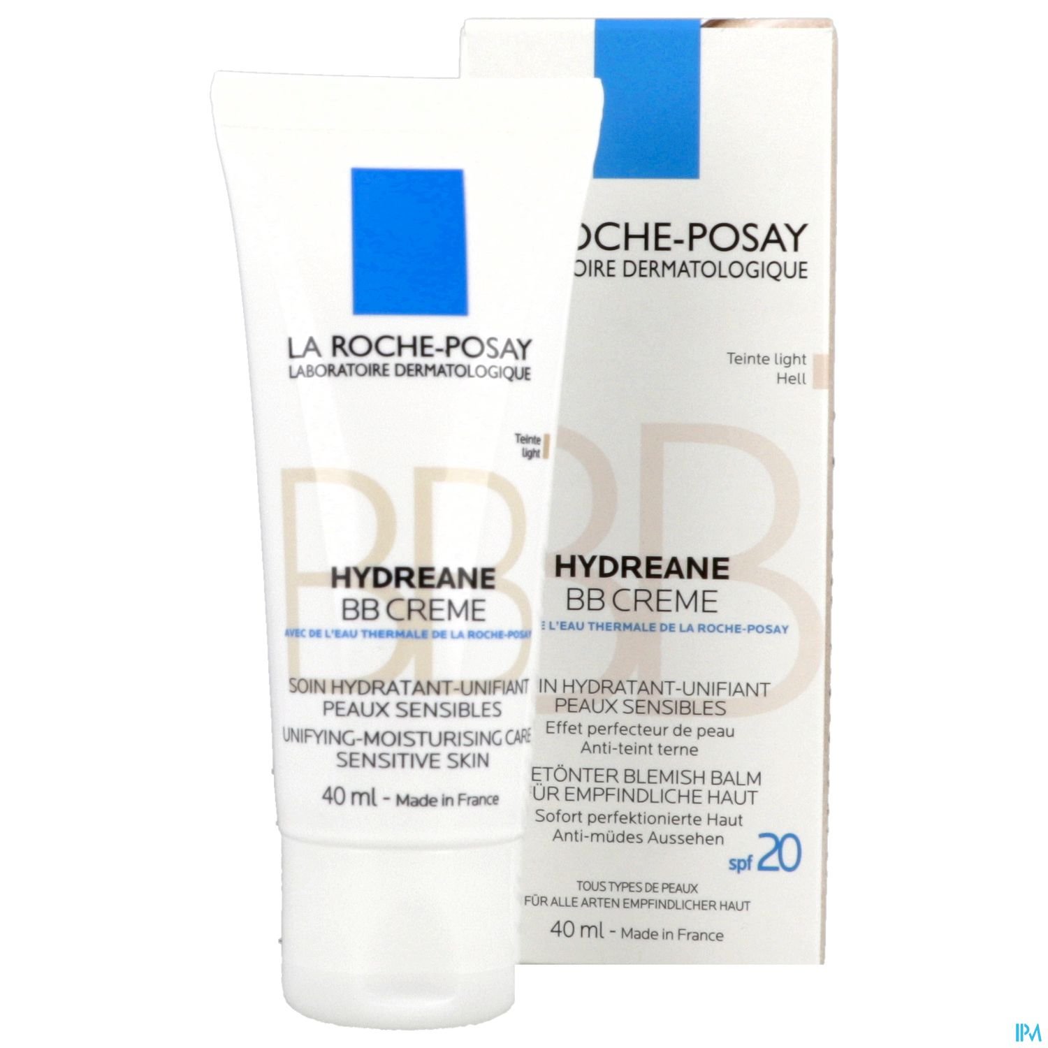 Tube und Verpackung der La Roche-Posay Hydreane BB Creme, 40 ml, hell, mit Hinweisen auf feuchtigkeitsspendende Eigenschaften und Lichtschutzfaktor 20.