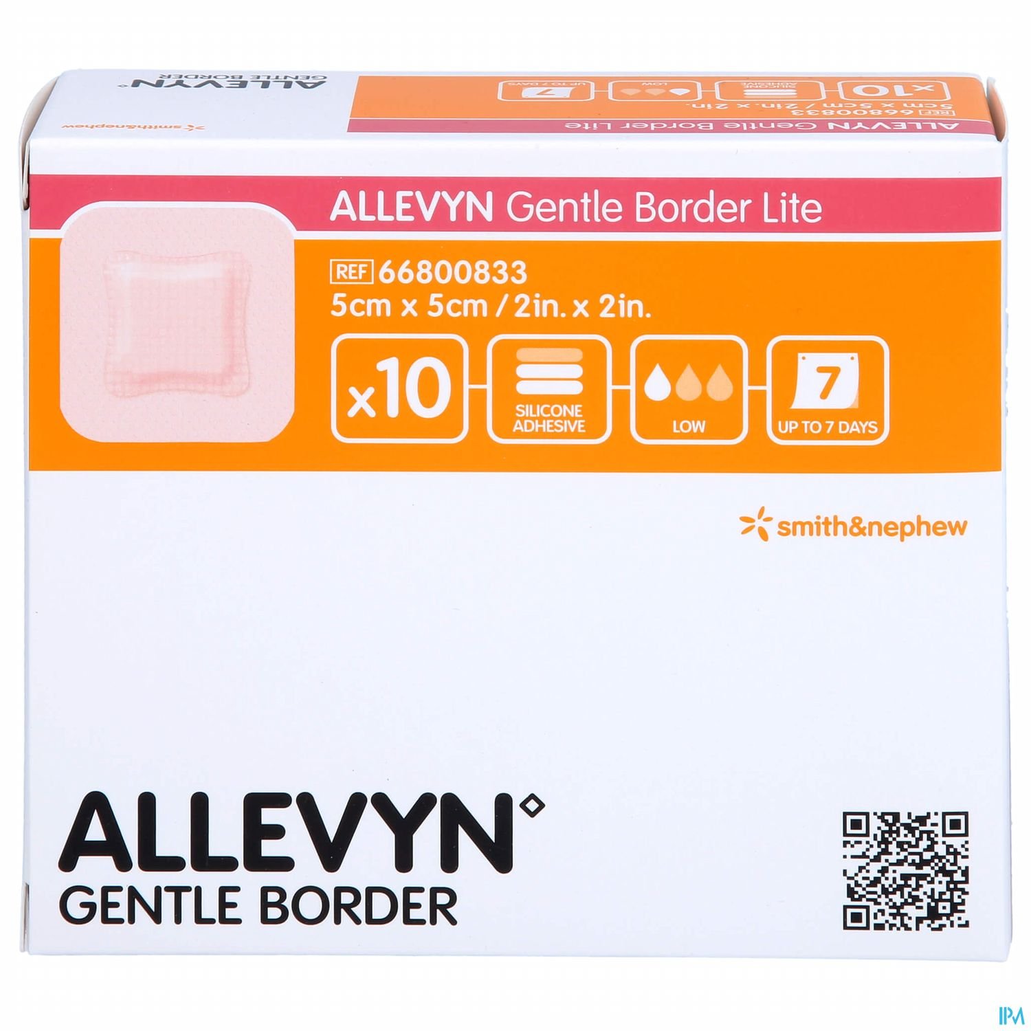 Verpackung des Produktes "ALLEVYN Gentle Border Lite" mit Angaben zu Größe, Anzahl und Klebeeigenschaften.