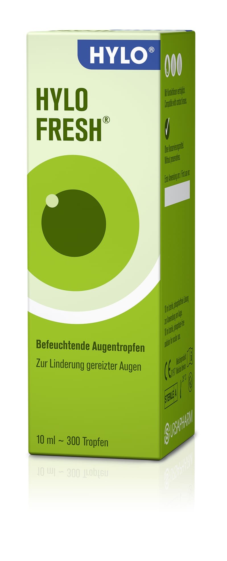 Verpackung von HYLO FRESH, befeuchtenden Augentropfen zur Linderung gereizter Augen, mit einem grünen Design und einem großen Punkt auf der Vorderseite.