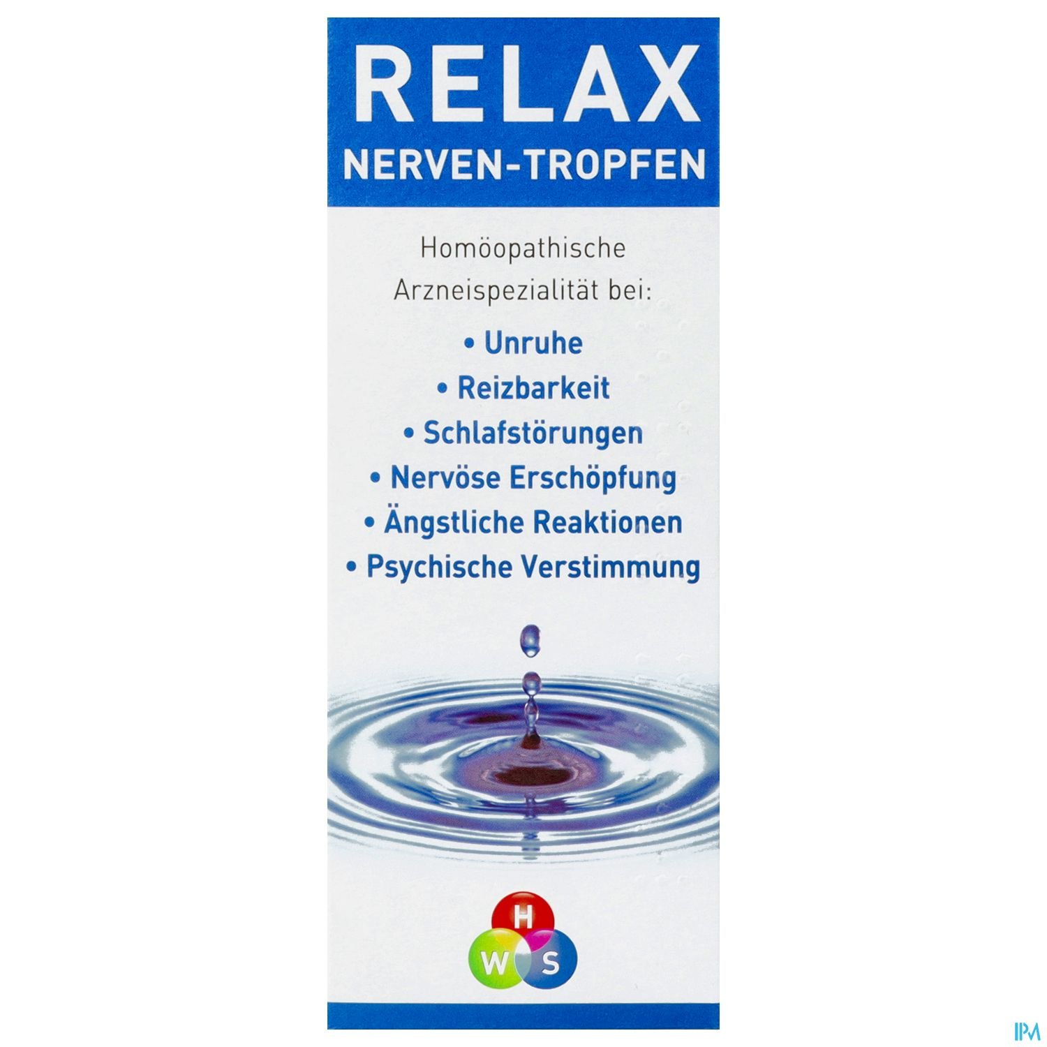 Packungsdesign für "Relax Nerven-Tropfen" mit Informationen zur homöopathischen Anwendung gegen Unruhe, Reizbarkeit und Schlafstörungen.