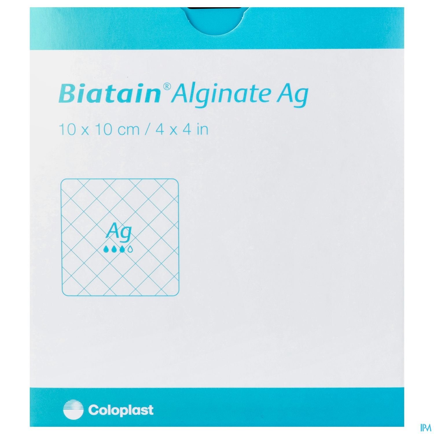 Verpackung für Biatain Alginate Ag, 10 x 10 cm, mit Visualisierung des Inhalts und Herstellerlogo.