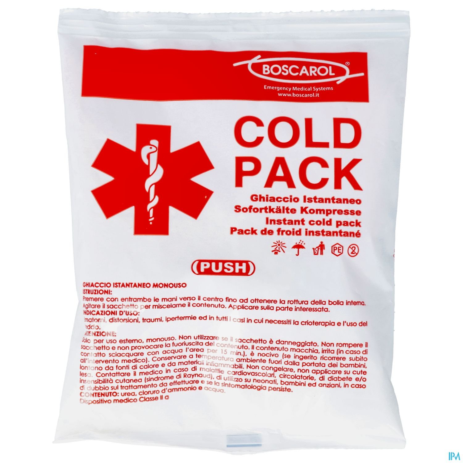 Transparentes Cold Pack in einer Verpackung mit rotem Kreuz und dem Text "COLD PACK".