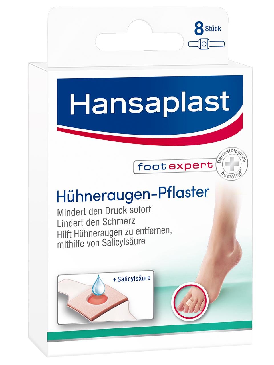 Verpackung eines Hansaplast Hühneraugen-Pflasters mit Beschreibung der Anwendung, Menge und Inhaltsstoffen.