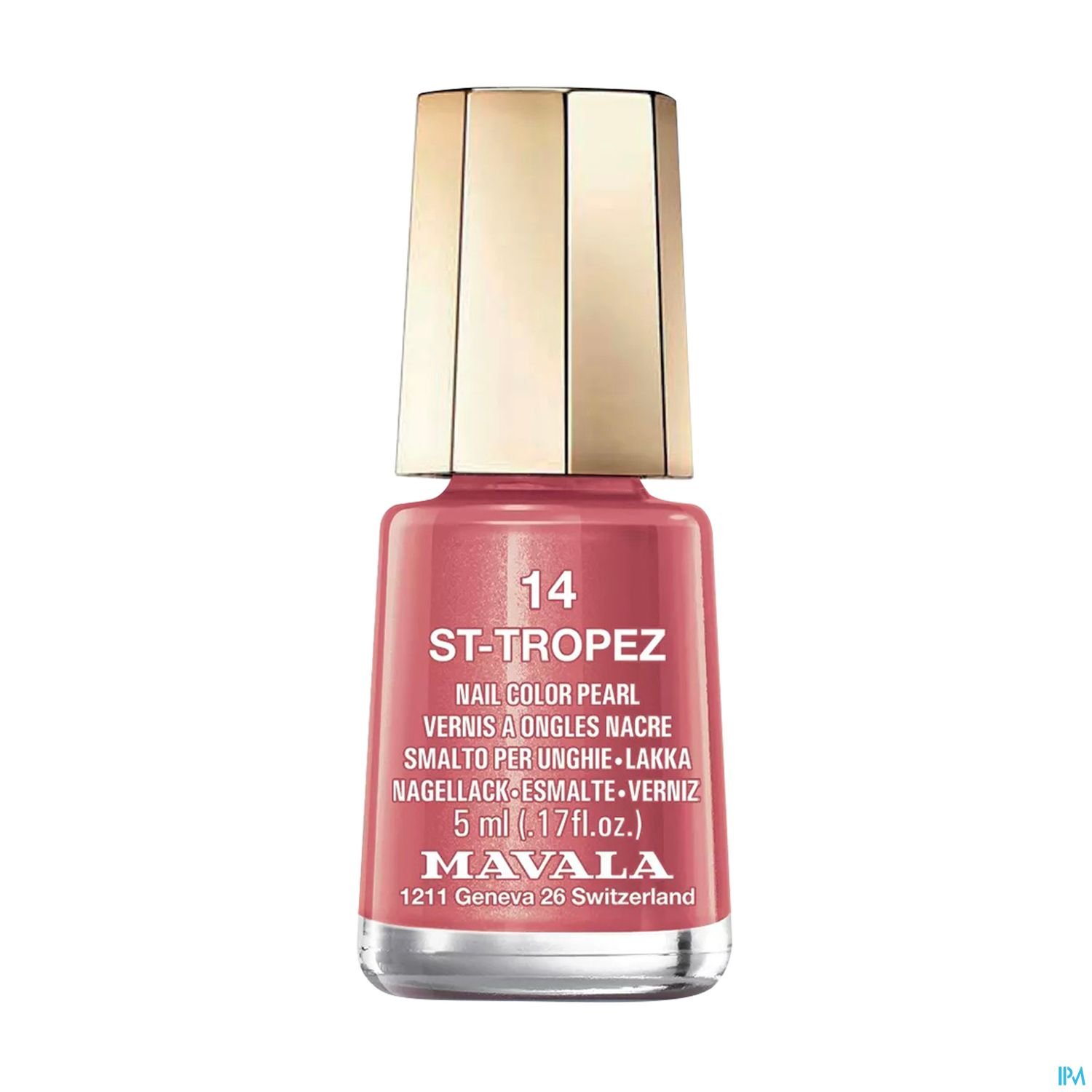 Nagellackflasche mit der Bezeichnung "14 ST-TROPEZ" von Mavala, in einem zarten Rosaton mit perlmuttartigem Glanz.