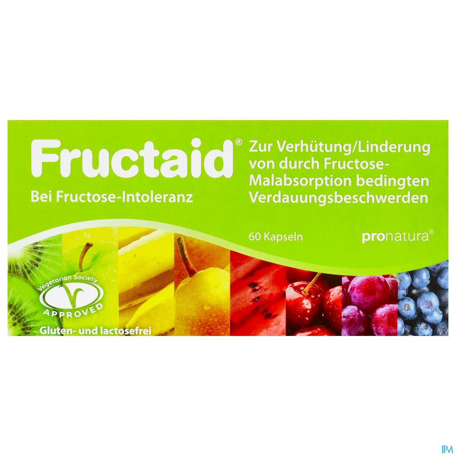 Packung Fructaid mit Informationen zur Anwendung bei Fructose-Intoleranz und Abbildung von Früchten.