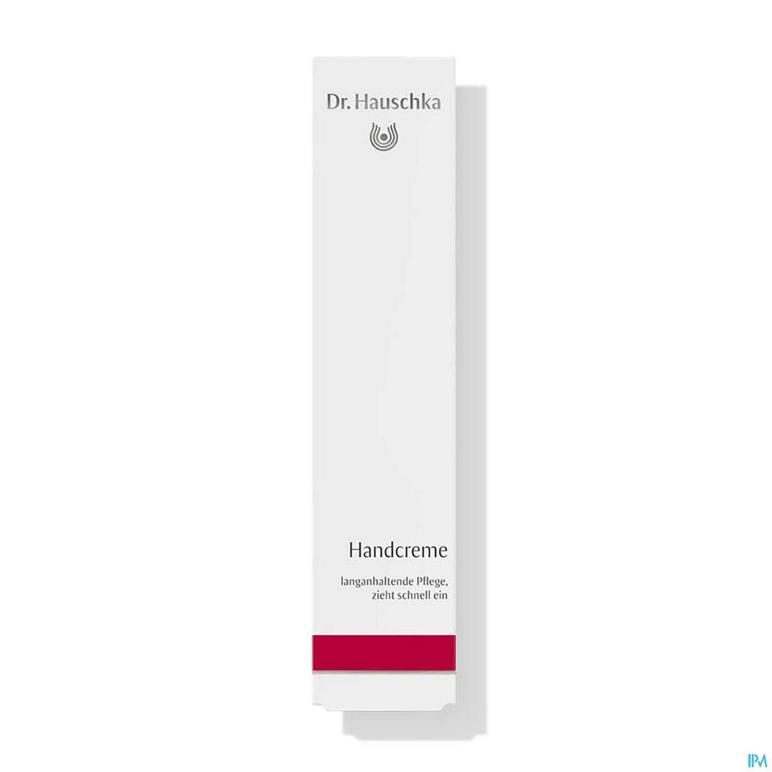 Verpackung einer Handcreme von Dr. Hauschka, mit dem Schriftzug "Handcreme" und dem Hinweis auf langanhaltende Pflege.