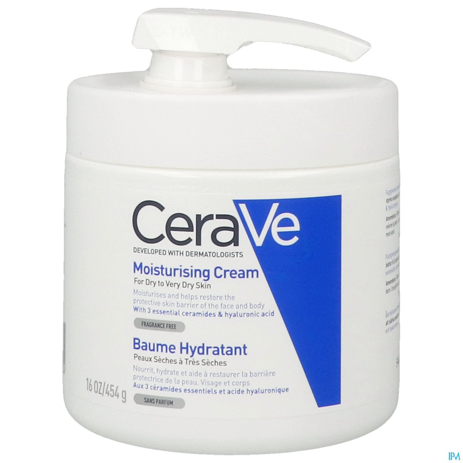 Weißer Cremetiegel mit Schraubverschluss und Aufschrift „CeraVe Moisturising Cream“ in verschiedenen Sprachen.