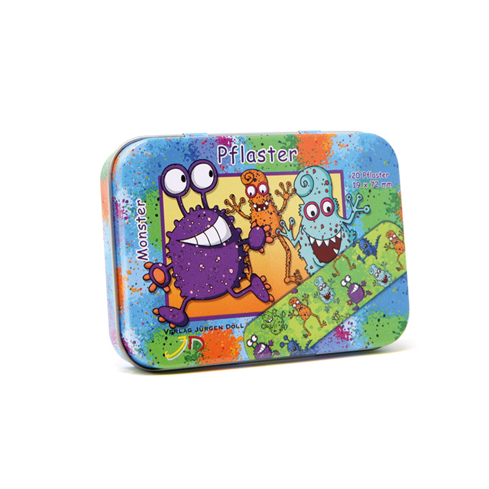Bunte Metalldose mit Aufklebern von Cartoon-Monstern und der Aufschrift "Monster Pflaster".